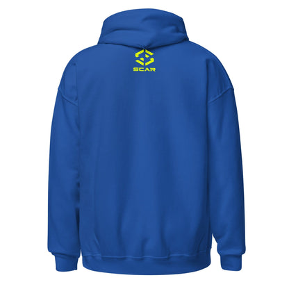 Royal blue unisex hoodie back with small SCAR logo
