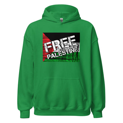 Green unisex hoodie with front FREE PALESTINE graphic and kangaroo pocket