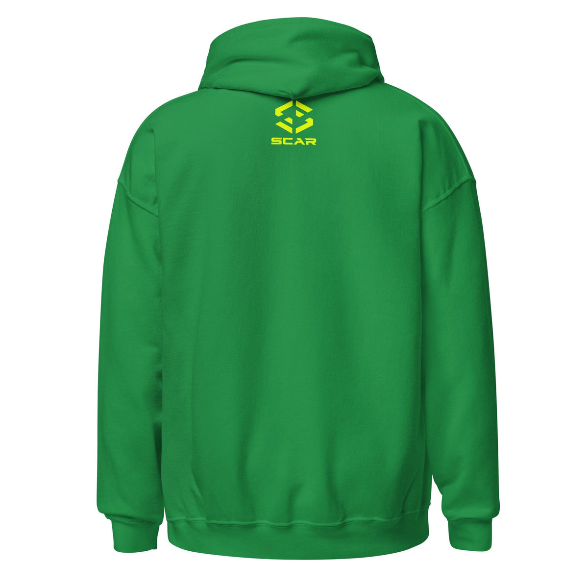 Green unisex hoodie back with small SCAR logo