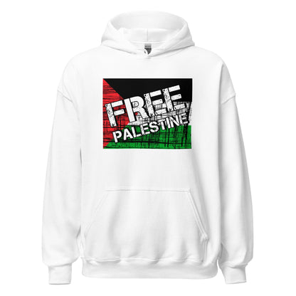 White unisex hoodie with front FREE PALESTINE graphic and kangaroo pocket