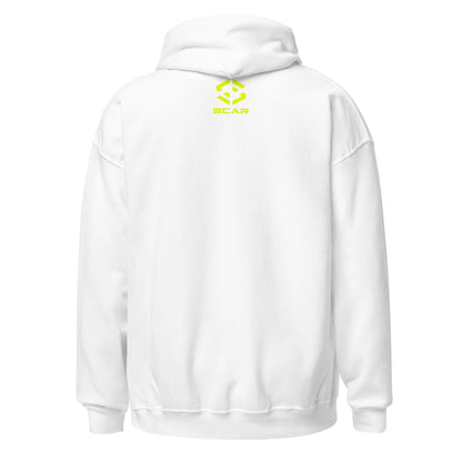 White unisex hoodie back with small SCAR logo
