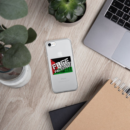 Clear iPhone case with Free Palestine graphic over a gray phone back