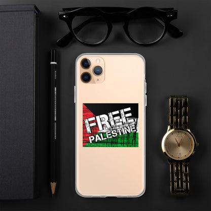 Clear iPhone case, light beige, 'FREE PALESTINE' graphic, camera cutouts