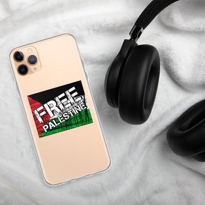 Clear iPhone case, light beige, 'FREE PALESTINE' back print, camera cutouts