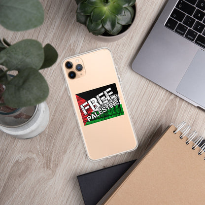 Clear iPhone case, light beige, 'FREE PALESTINE' graphic, camera openings