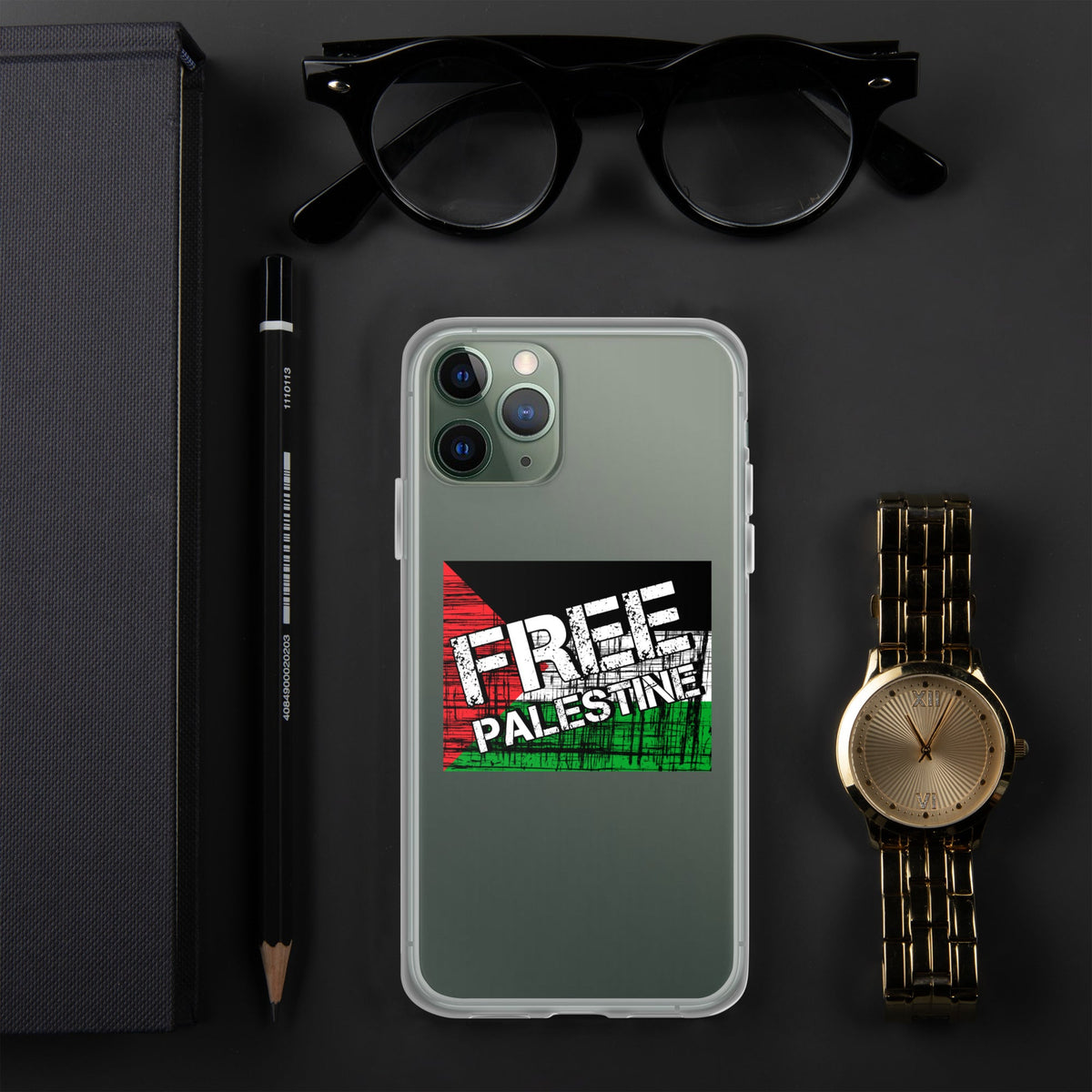 Clear iPhone case with Free Palestine graphic on a light green phone back