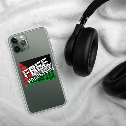 Clear iPhone case, dark sage green, 'FREE PALESTINE' graphic, camera cutouts