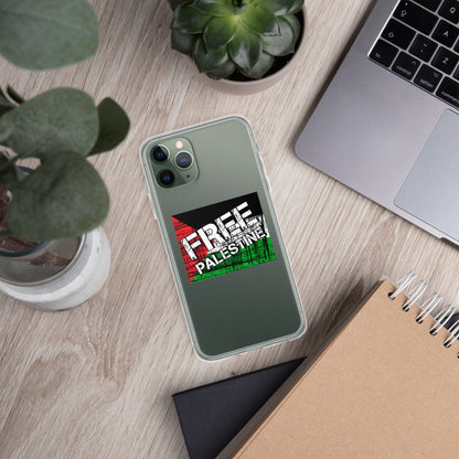 Clear iPhone case, sage green, 'FREE PALESTINE' graphic, lens openings
