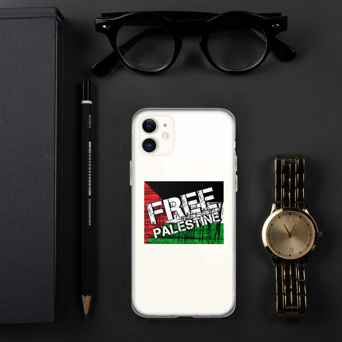 Clear iPhone case with Free Palestine graphic on a white phone back
