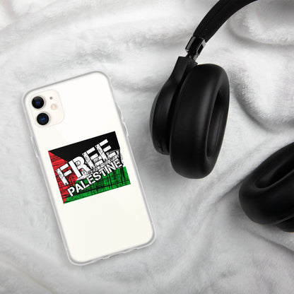 Clear iPhone case with Free Palestine graphic on a white phone back