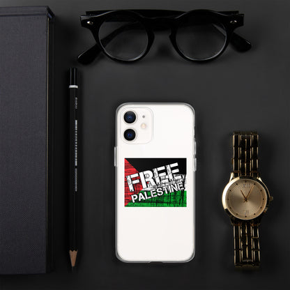 Clear iPhone case with Free Palestine graphic on a white phone back