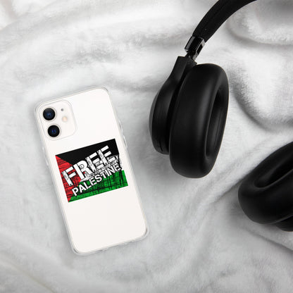 Clear iPhone case with Free Palestine graphic on a white phone back