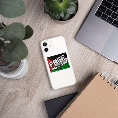 Clear iPhone case with Free Palestine graphic on a white phone back