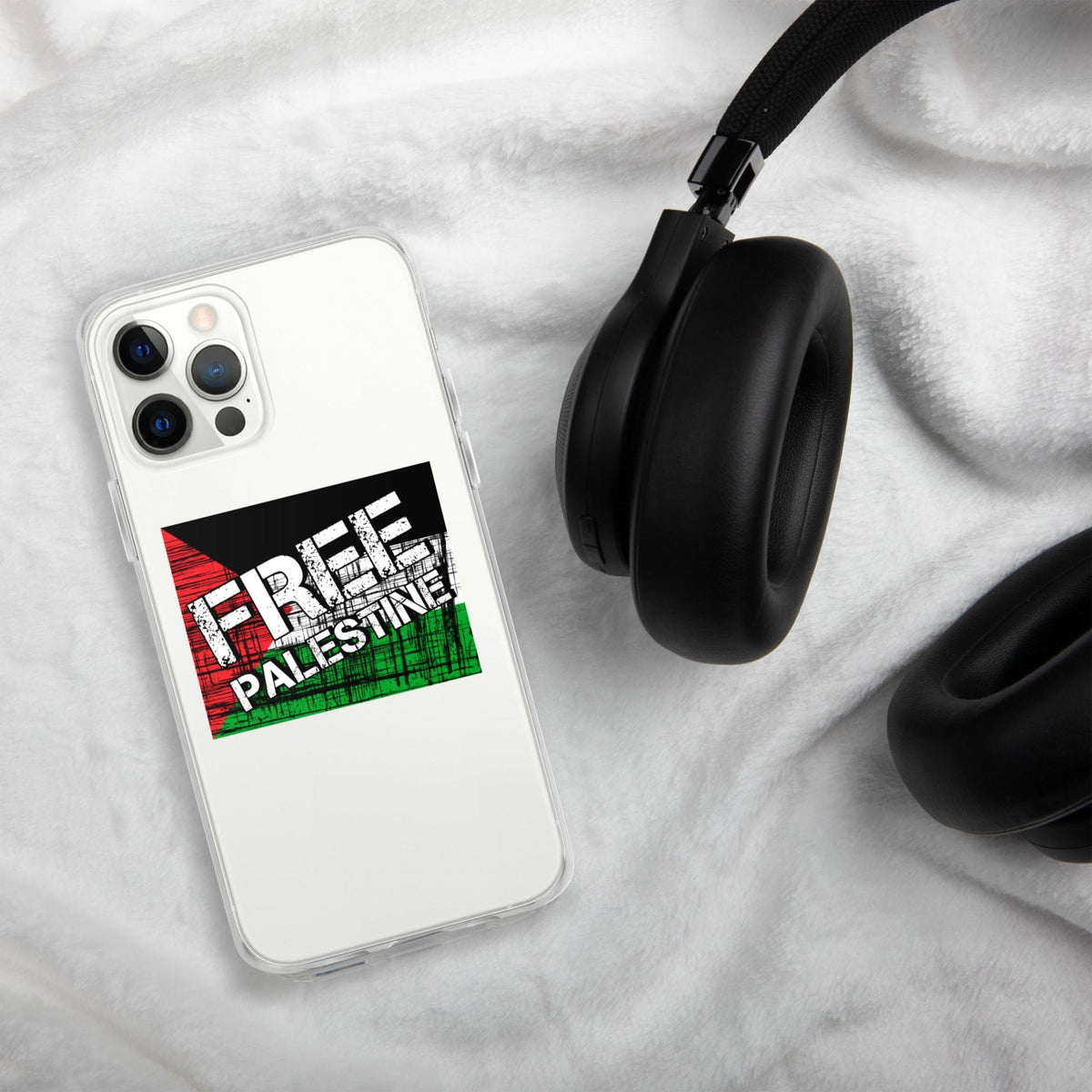 Clear iPhone case with Free Palestine graphic on a white phone back