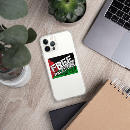 Clear iPhone case, rear view with camera cutouts and Free Palestine graphic