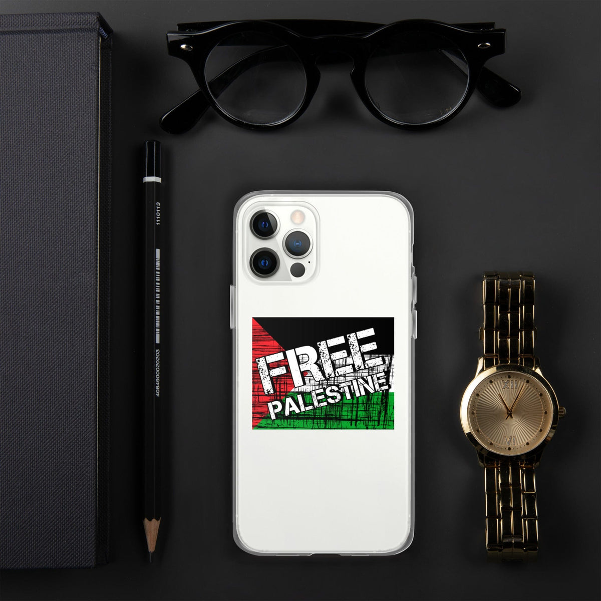 Clear iPhone case with Free Palestine graphic on transparent back