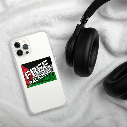 Clear iPhone case, rear view with camera cutouts and Free Palestine graphic