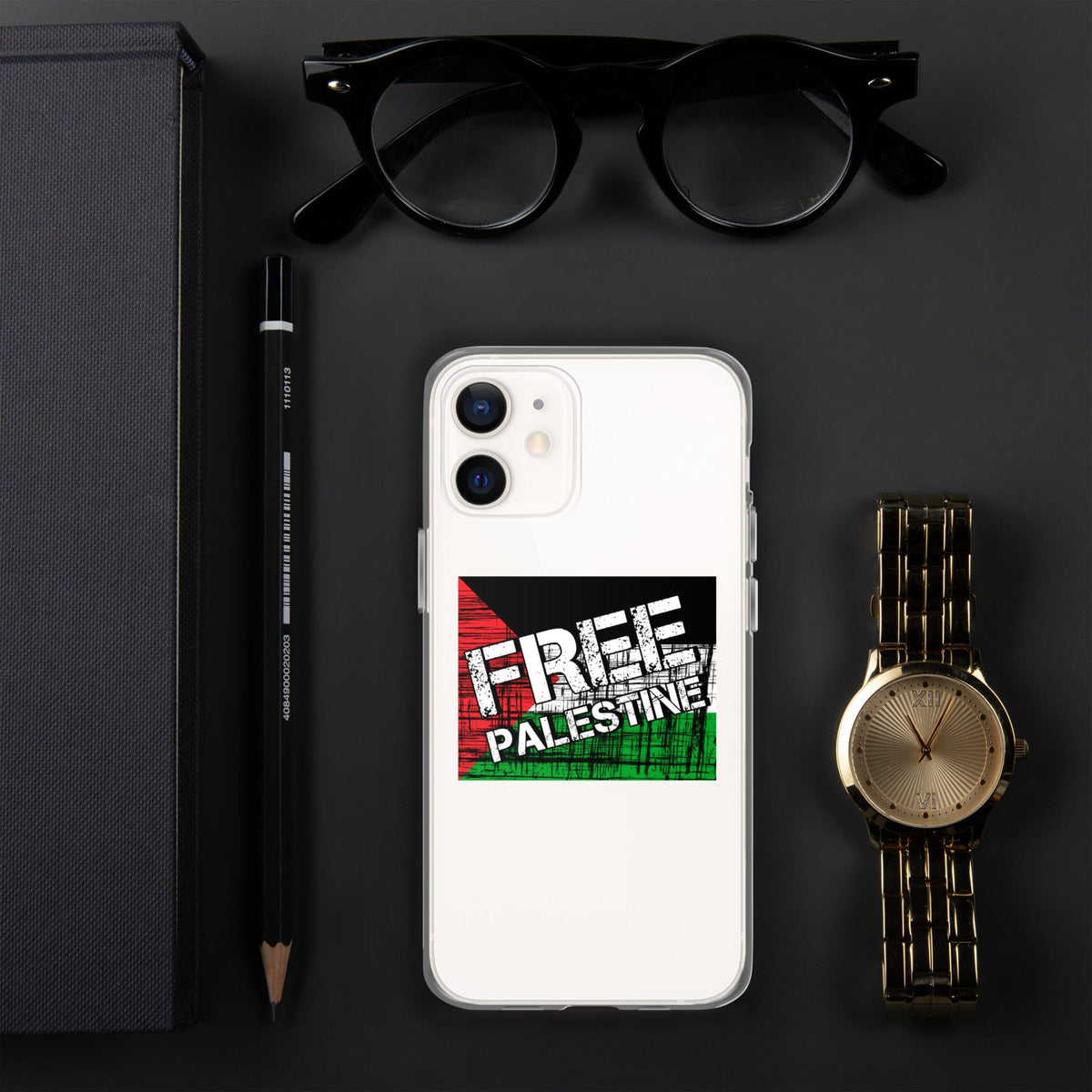 Clear iPhone case, centered rear shot with camera cutouts and Free Palestine graphic