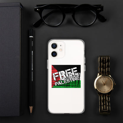 Clear iPhone case, centered rear shot with camera cutouts and Free Palestine graphic