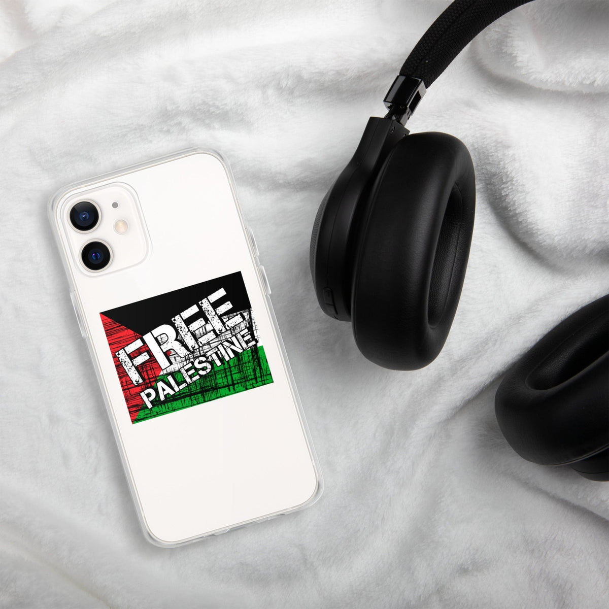 Clear iPhone case with 'FREE PALESTINE' graphic and camera cutouts