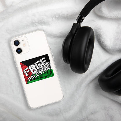 Clear iPhone case with 'FREE PALESTINE' graphic and camera cutouts