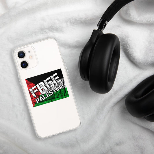 Clear iPhone case with 'FREE PALESTINE' graphic and camera cutouts