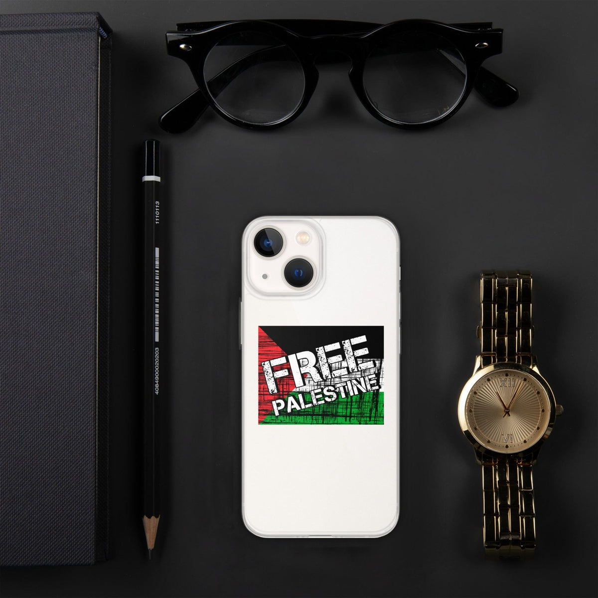 Clear iPhone case with Free Palestine graphic centered on transparent back