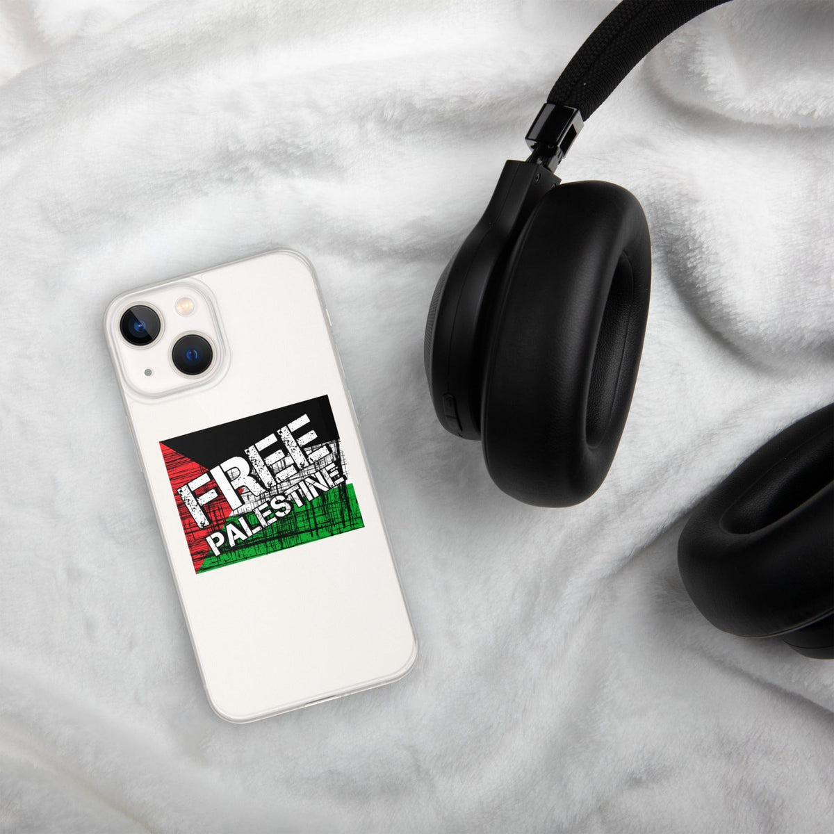 Clear iPhone case, rear view with camera cutouts and Free Palestine graphic