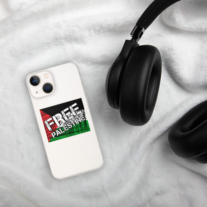 Clear iPhone case, rear view with camera cutouts and Free Palestine graphic