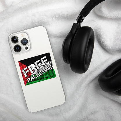 Clear iPhone case, front graphic visible: 'FREE PALESTINE' on white background