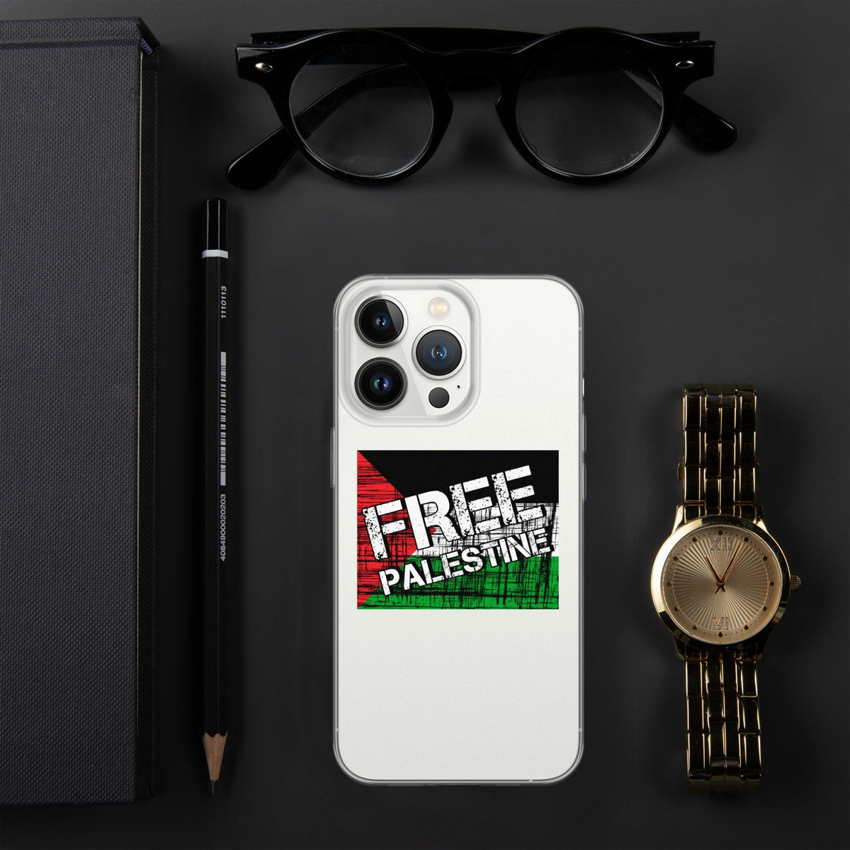 Clear iPhone case with 'FREE PALESTINE' graphic centered on the front
