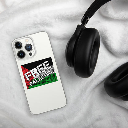 Clear iPhone case, tilted view, showing 'FREE PALESTINE' graphic