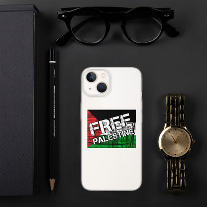 Clear iPhone case with 'FREE PALESTINE' graphic on front