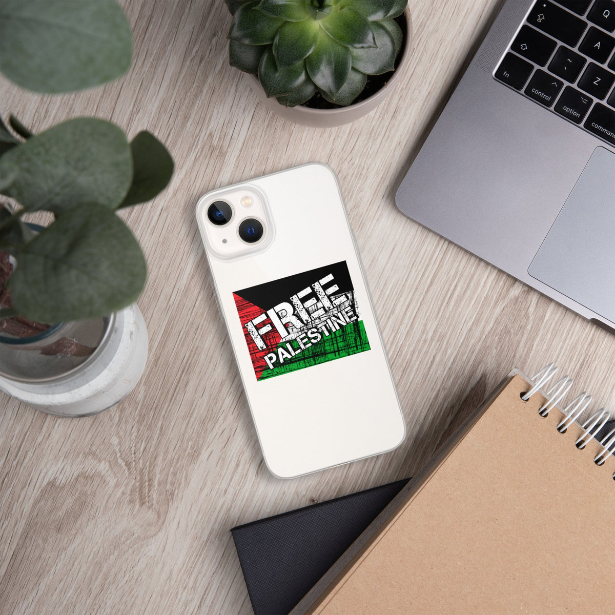Clear iPhone case with white back and “Free Palestine” graphic