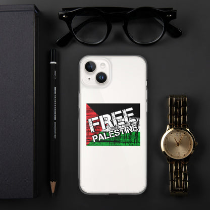 Clear iPhone case with “Free Palestine” graphic on the white back