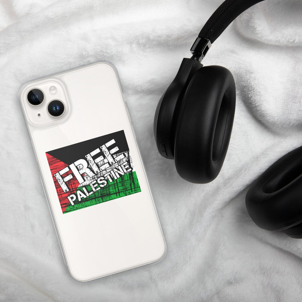 Clear iPhone case with “Free Palestine” decal on white back