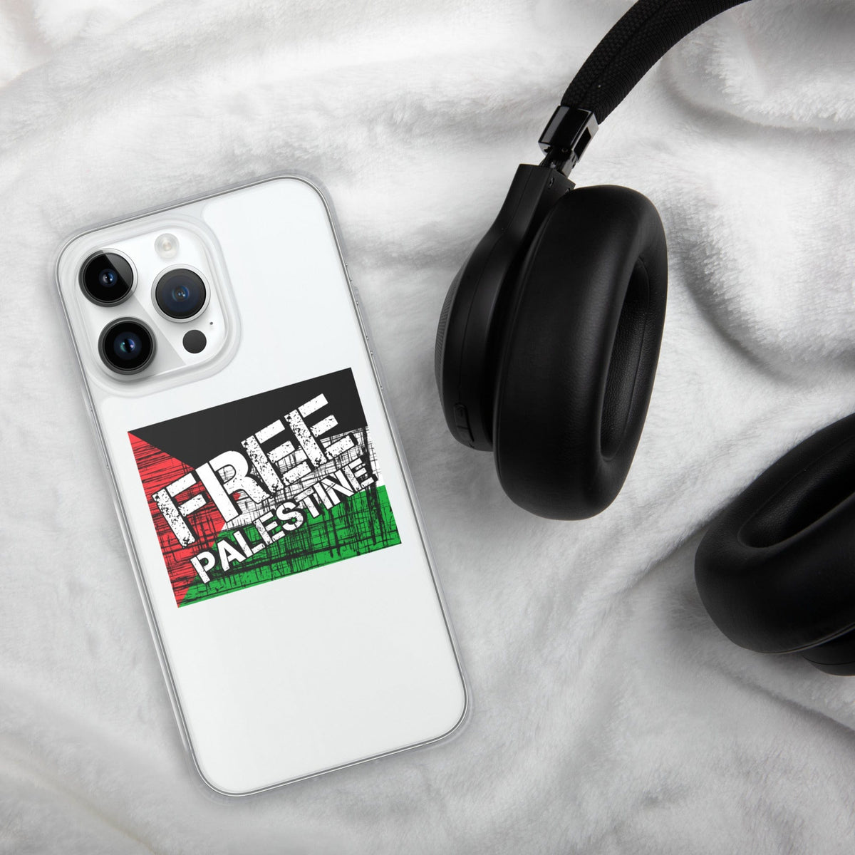 Clear iPhone case with “Free Palestine” graphic on white back