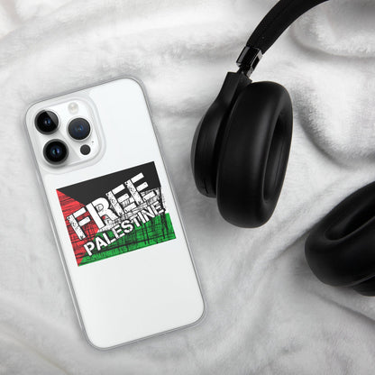 Clear iPhone case with “Free Palestine” graphic on white back