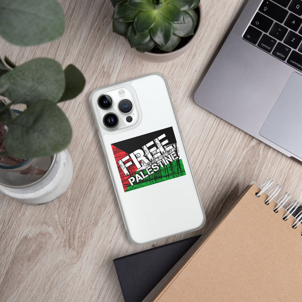 Clear iPhone case with white back and “Free Palestine” graphic