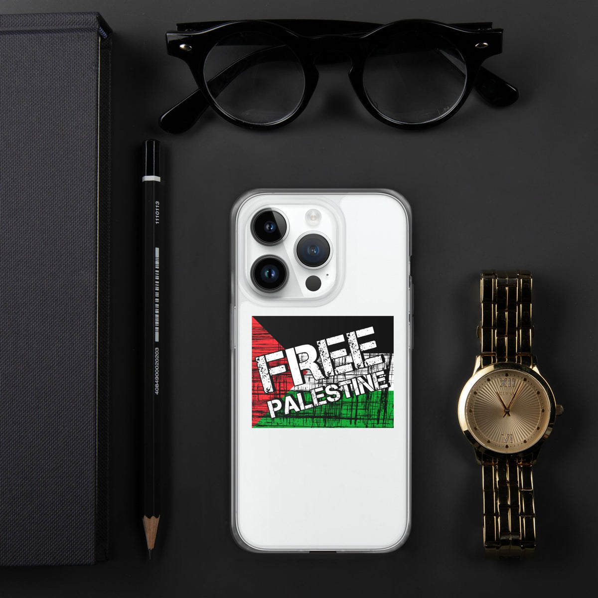 Clear iPhone case with Free Palestine graphic on the back