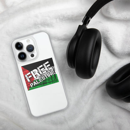 Clear iPhone case with Free Palestine graphic, shown from above