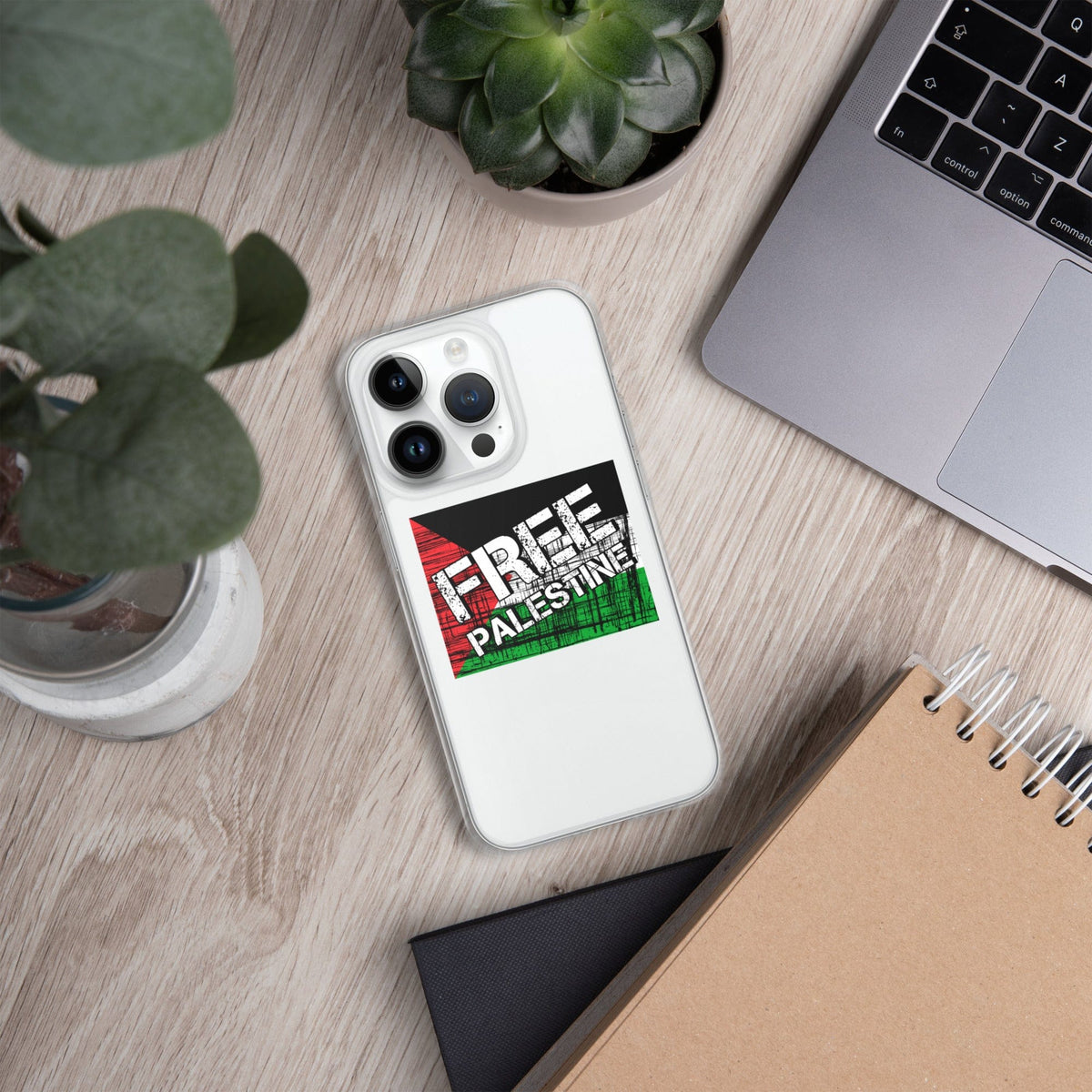 Clear iPhone case with Free Palestine graphic, back view