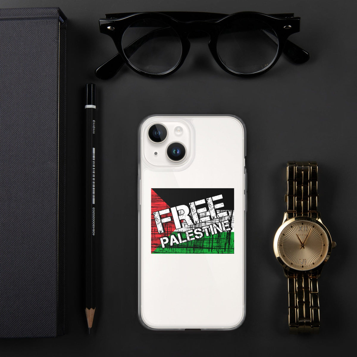 Clear iPhone case with Free Palestine graphic on the back, close view
