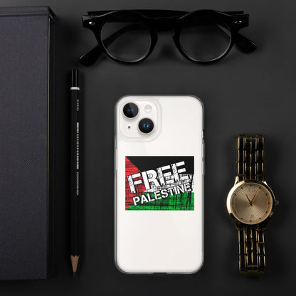 Clear iPhone case with Free Palestine graphic on the back, close view