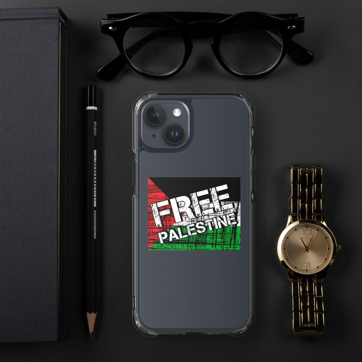 Clear iPhone case with Free Palestine graphic on dark back