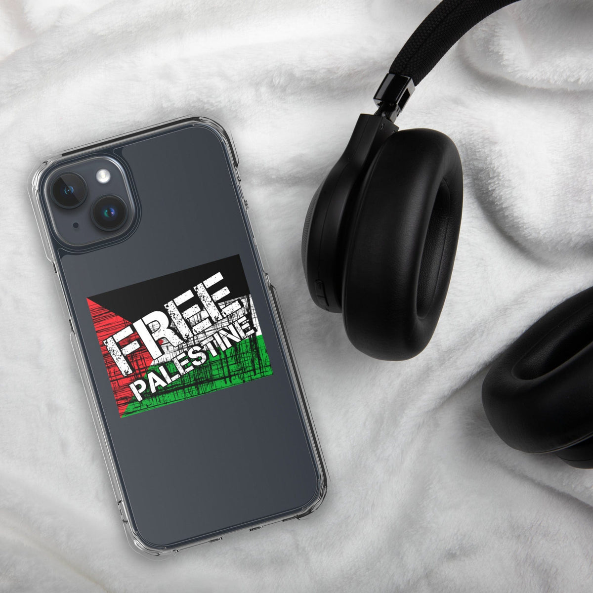 Clear iPhone case with Free Palestine graphic on dark back