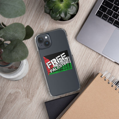 Clear iPhone case with Free Palestine graphic on dark backing