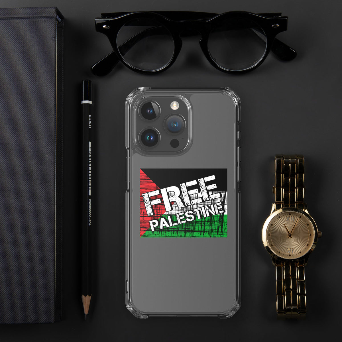 Clear iPhone case with Free Palestine graphic and camera cutouts