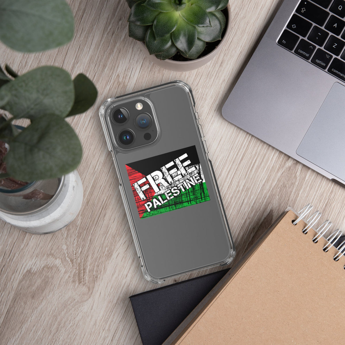Clear iPhone case with Free Palestine graphic on dark back