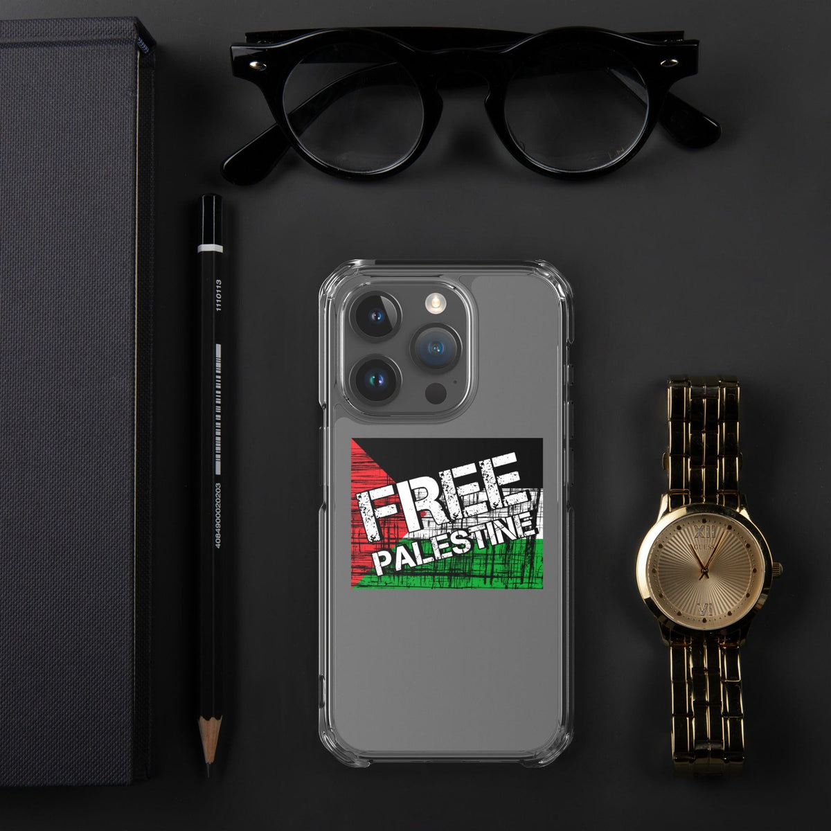 Clear iPhone case with Free Palestine graphic, side button openings